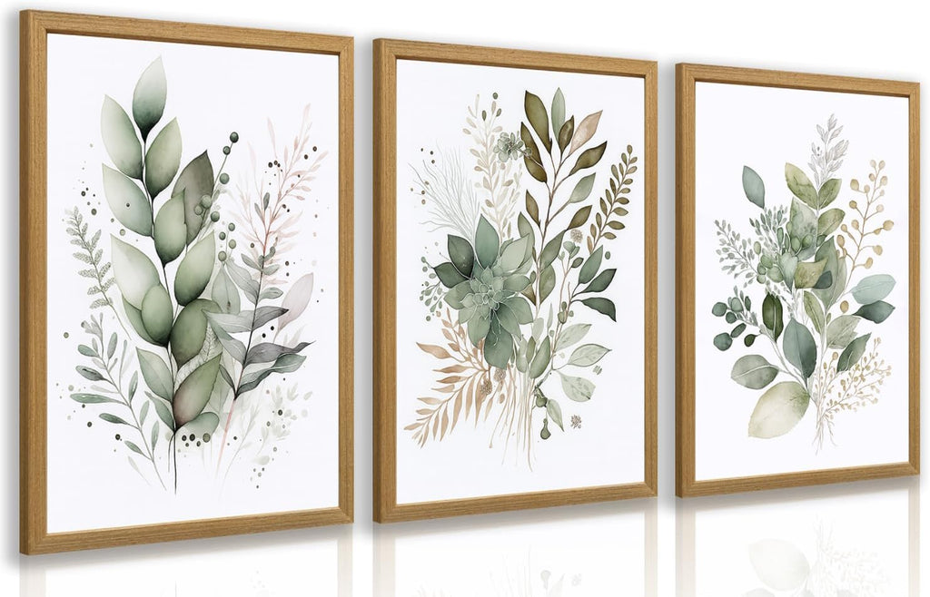 LLEEMPI Sage Green Botanical Wall Art Set of 3, 12x16 Wood Framed Prints