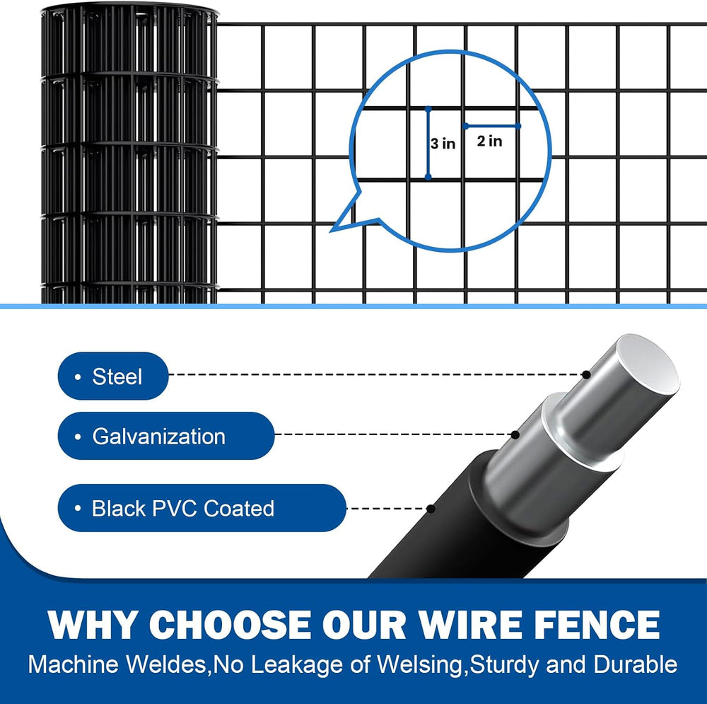 Black Welded Wire Fence, 24 in x 50 ft, 2 x 3 Inch Mesh, 16 Gauge PVC Coated ...