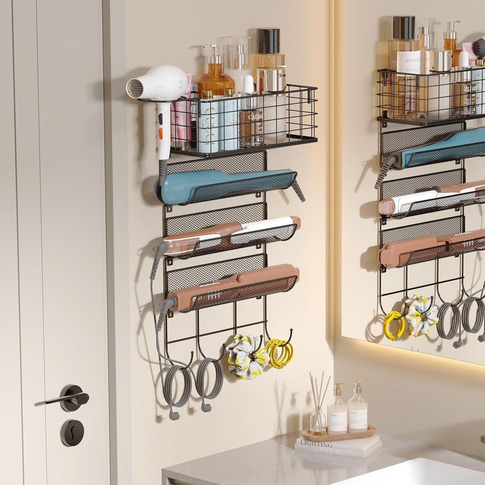 Wall-Mounted Hair Dryer Holder Styling Tool Organizer 4-Shelf Storage Wire Ba...
