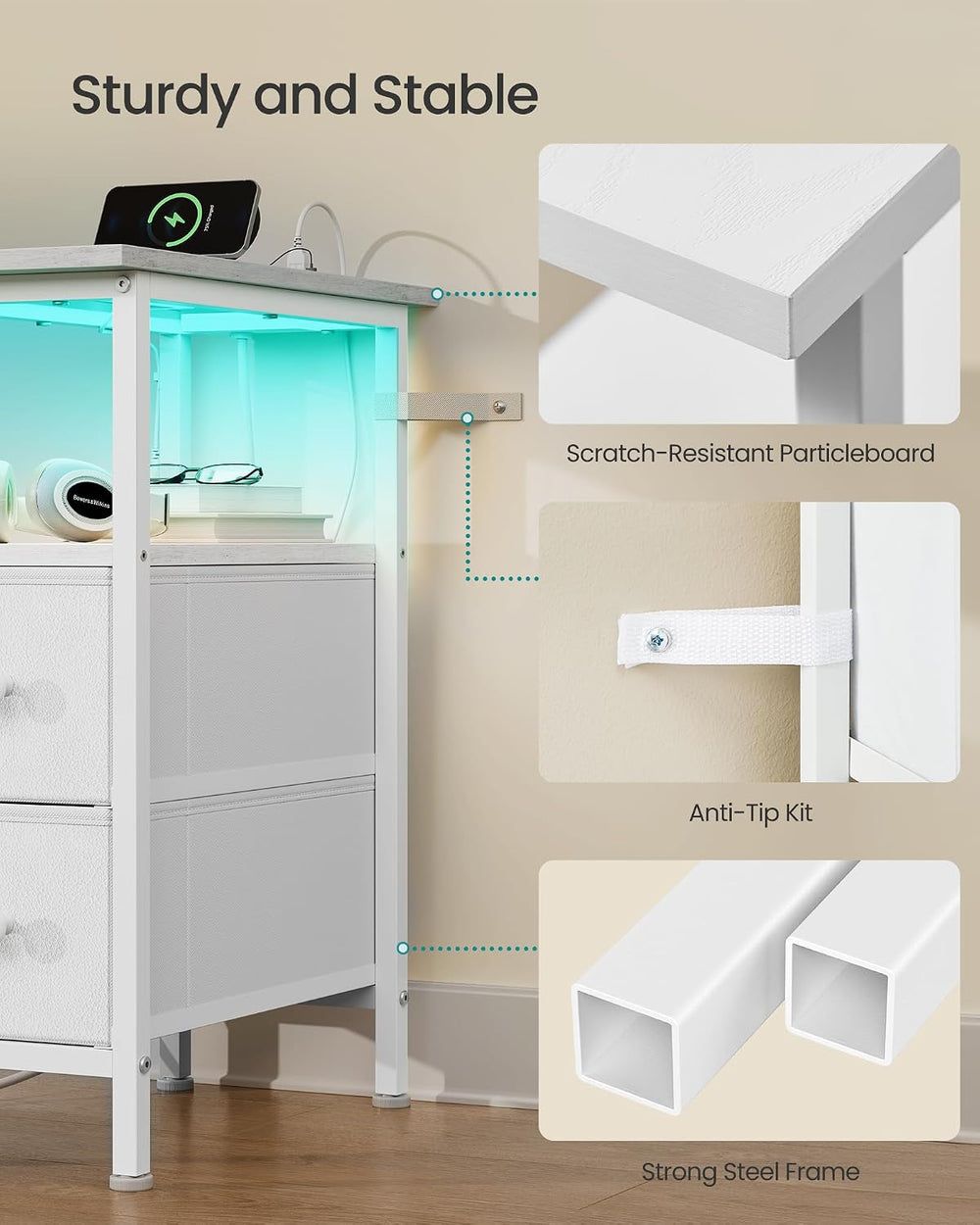SONGMICS Side Table with LED Light, Narrow End Table with 2 Fabric Drawers
