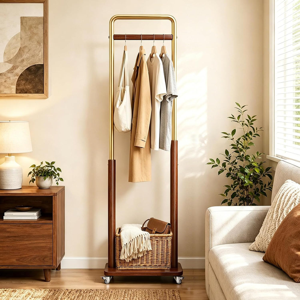 Taitiy Solid Wood Coat Rack with Wheels, Freestanding for Entryway
