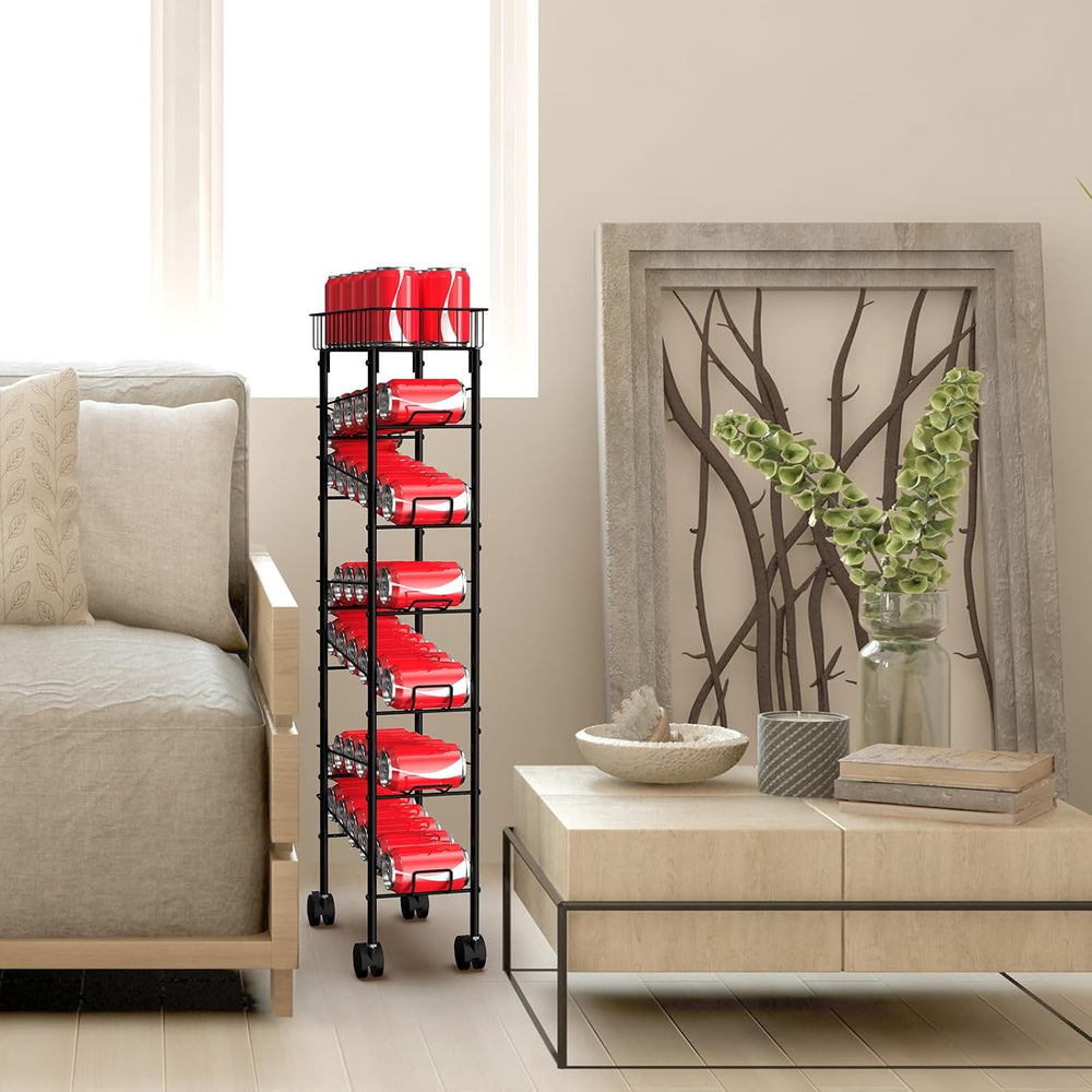 Slim Can Organizer Rack, Iron Narrow Soda Dispenser Holder with Wheels