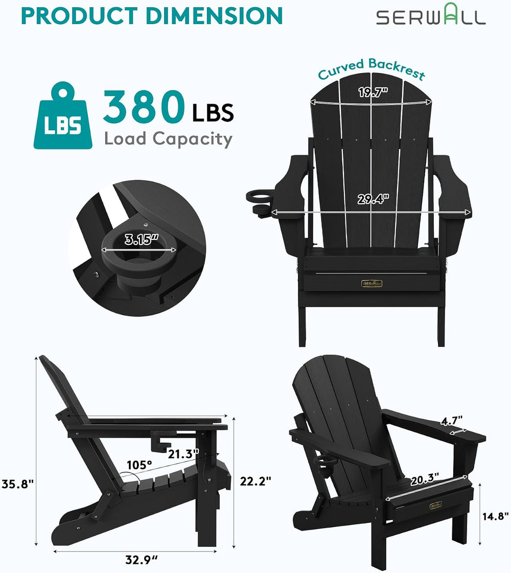 SERWALL Folding Adirondack Chairs with Cup Holder, Outdoor Fire Pit - Black