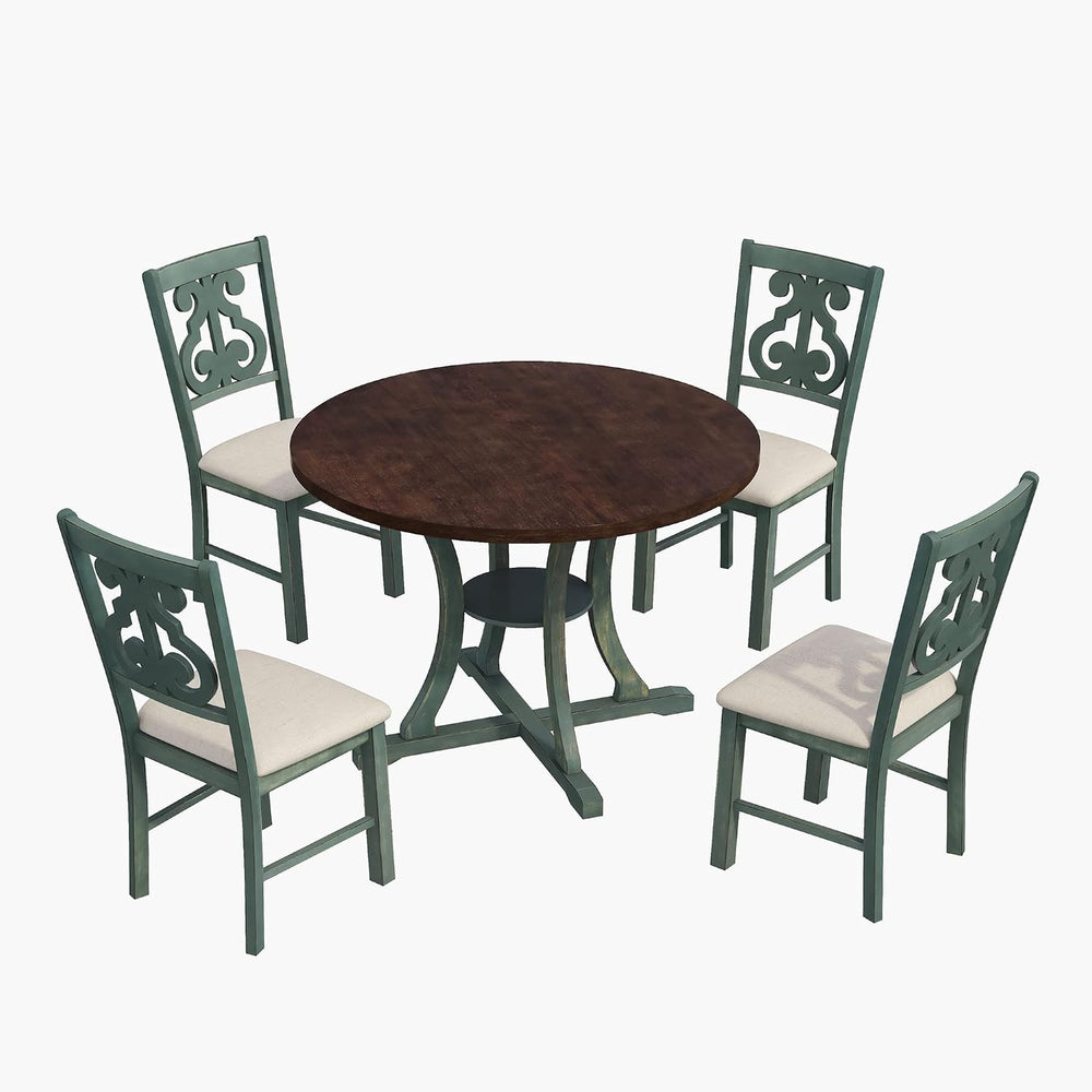 Harper & Bright Designs 5-Piece Round Table Set with Shelf, Wooden Family...
