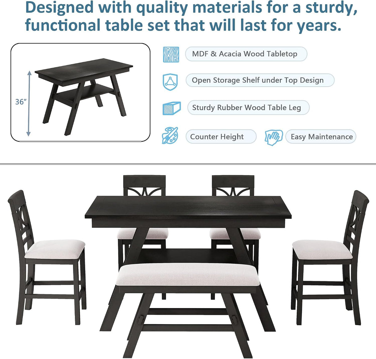 Merax 6-Piece Wood Counter Height Dining Table Set with Storage Shelf, Rustic Dining Table Set with Upholstered Chairs and Bench for 4-6, Espresso+Beige