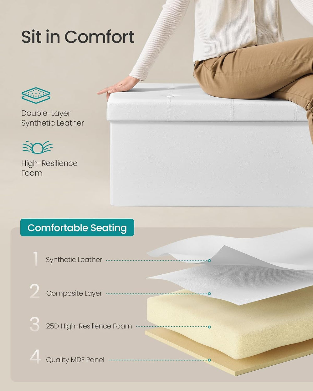 SONGMICS Storage Ottoman Bench, 30 Inches Folding Foot Rest Stool