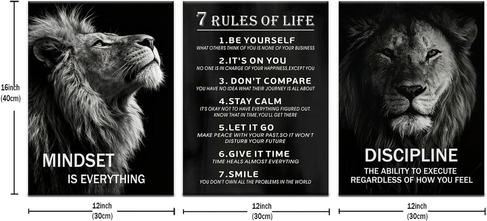3 Pieces Lion Motivational Canvas Wall Art Mindset is Everything Inspirationa...