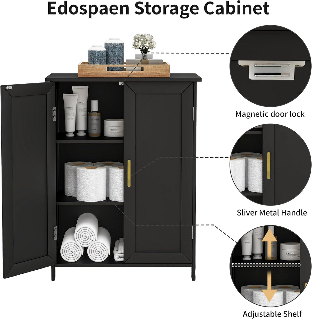 Bathroom Floor Storage Cabinet Freestanding Organizer with 2 Doors, Black