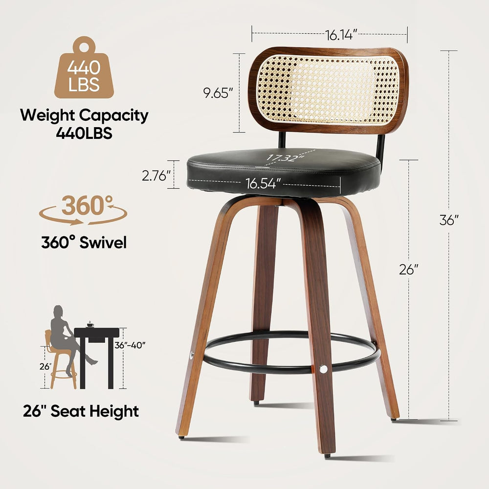 KEEZY Natural Rattan Bar Stools Set of 2, 26 Inch Counter Height Barstools wi...