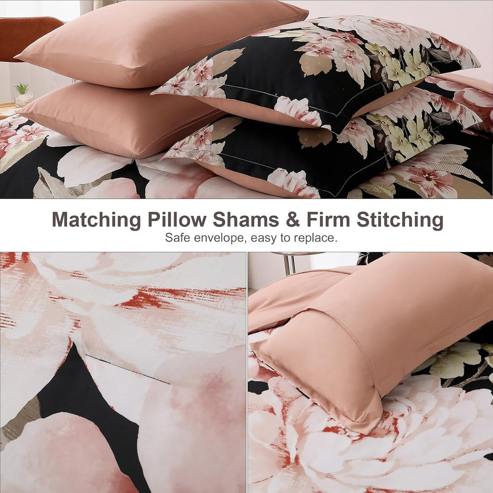 Floral Comforter Set California King Size, Black Pink Bed in a Bag