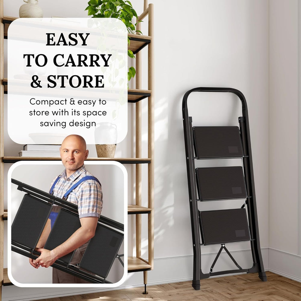 3-Step Ladder with Wide Anti-Slip Platform & Thick Rubber Feet | Heavy Du...