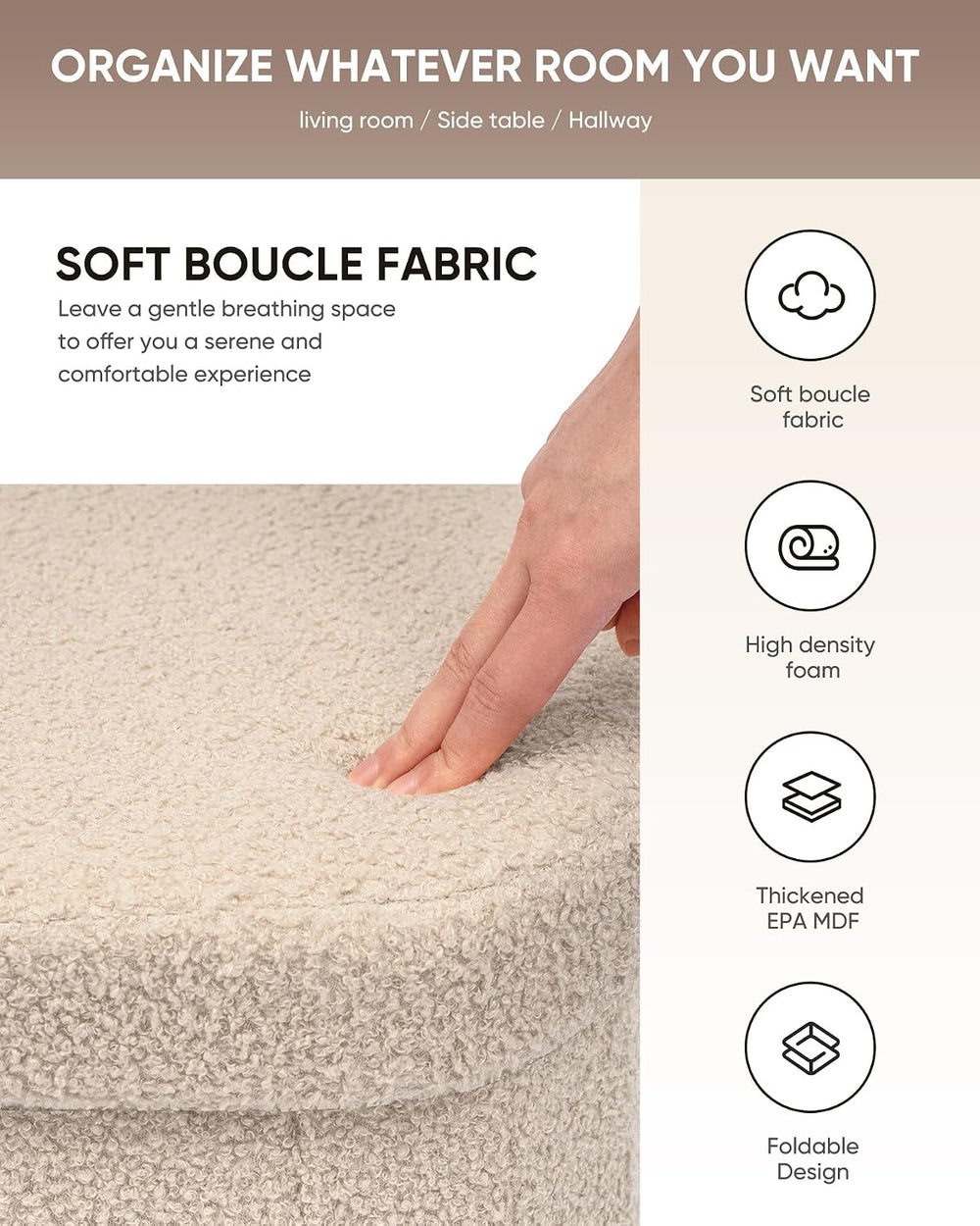 B FSOBEIIALEO 16.14" Boucle Storage Ottoman Cube for Dorm Room, Beige
