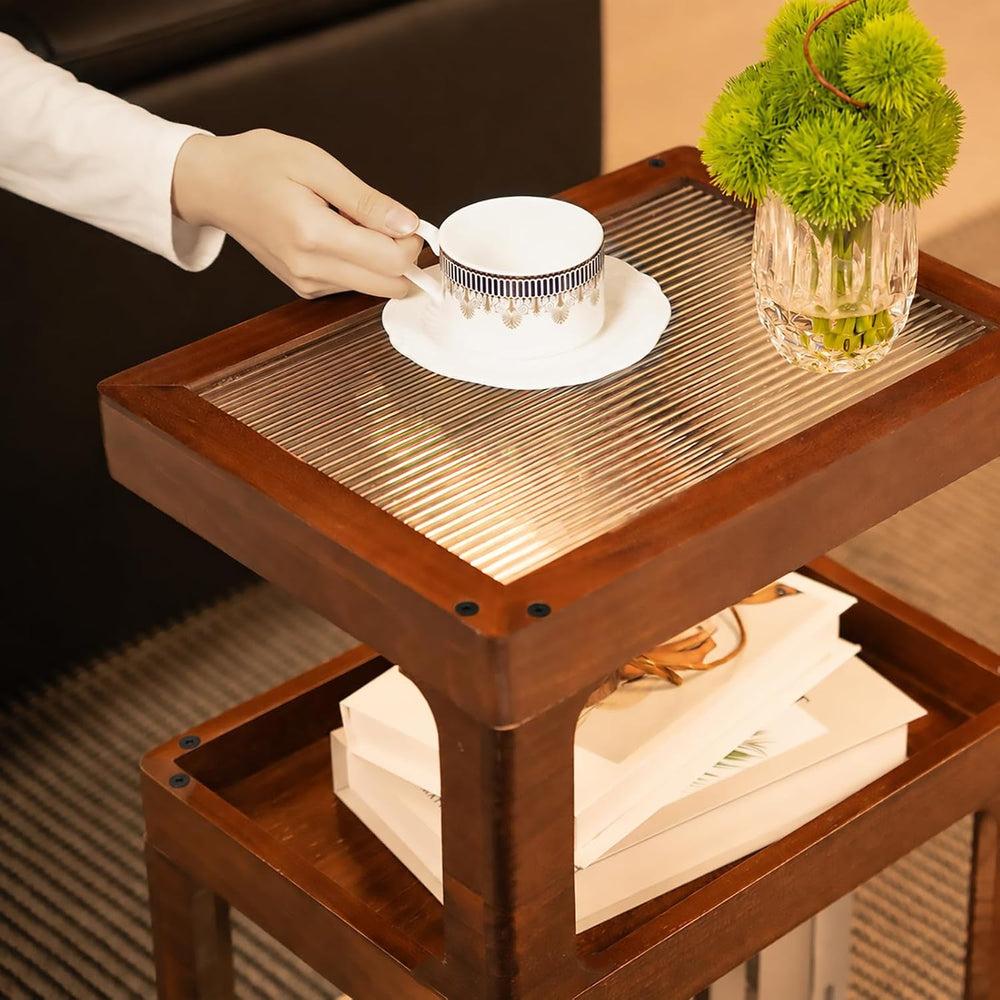 Solid Wood Side Table, 3 Tier Small End Table, Brown Accent Table