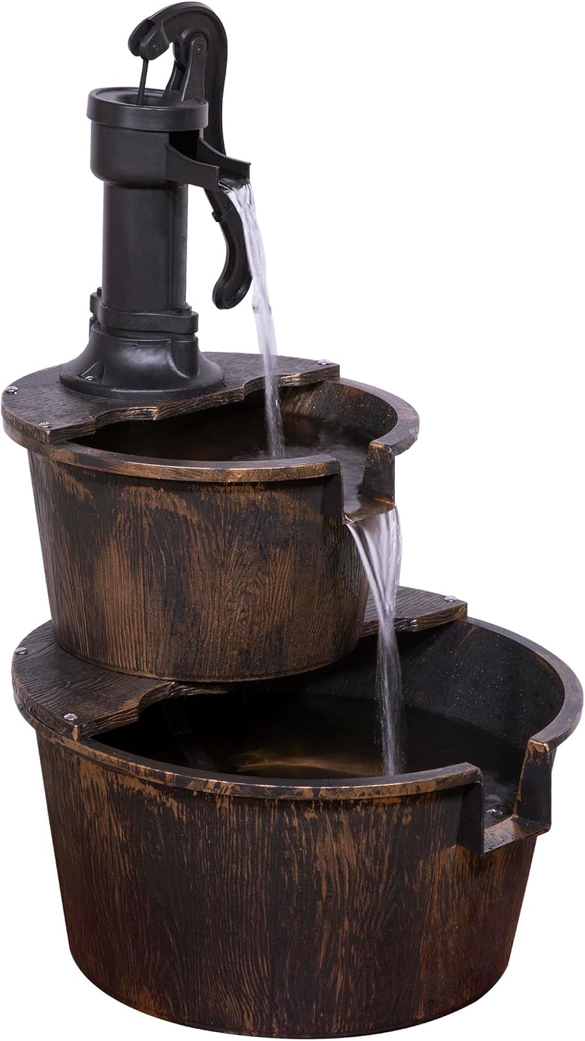 Alpine Corporation 27" Tall Rustic Outdoor 2-Tier Barrel Pump Water Foun...