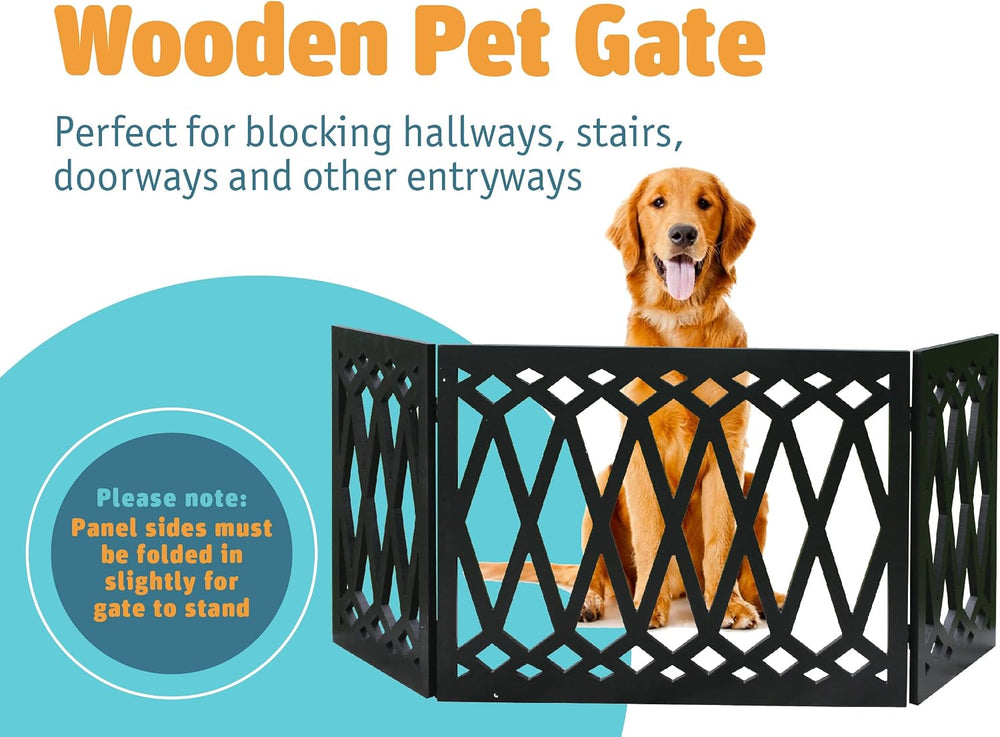 Etna 3-Panel Diamond Design Wood Pet Gate - Decorative Black Tri Fold Dog Fen...