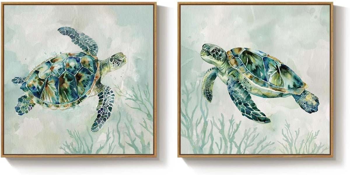 Large Framed Coastal Green Sea Turtle Wall Art for Living Room, 24x24 Inch