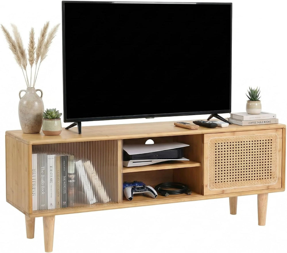 Welnow Rattan TV Stand for Up to 55 Inch, Mid Century Modern Bamboo Entertain...