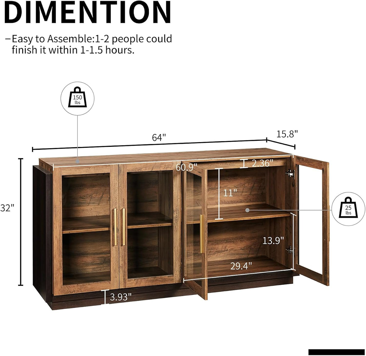 LUXOAK 64" Sideboard Buffet Cabinet with Glass Doors & LED Lights, Brown