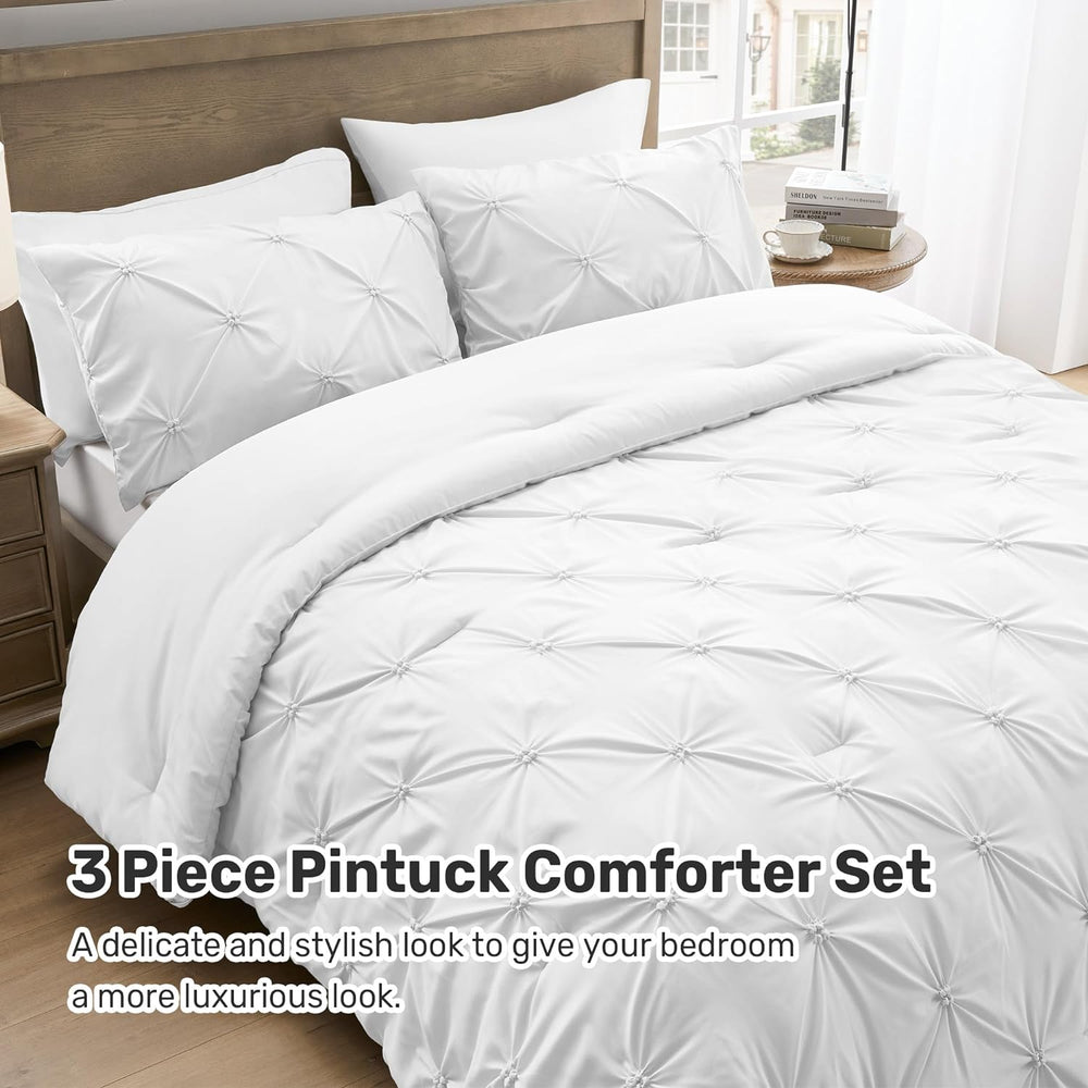 UNIKOME King Size Comforter Set White - Ultra Soft Boho Pintuck Down Alternat...