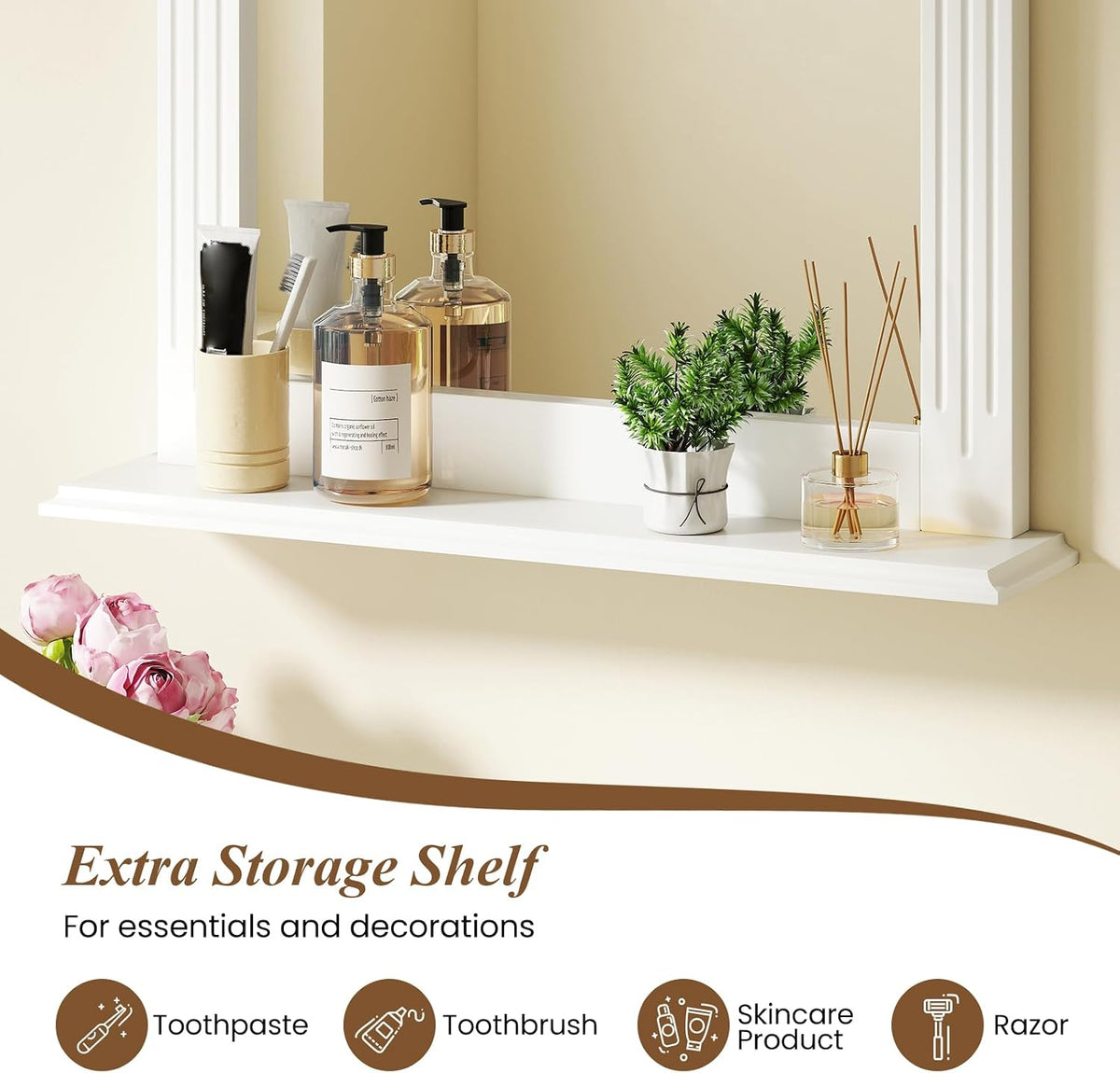 CHARMAID Bathroom Mirror with Shelf - 27" x 22.5" Wall Mirror Over Bathroom Sink, Wooden Frame Modern Rectangular Hanging Vanity Makeup Mirrors for Washroom, Entryway (White,27" L x 22.5" W)
