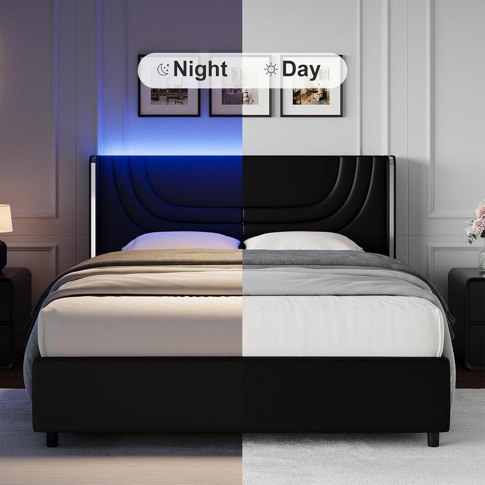 REVOMINCA Queen Size Bed Frame with LED Lights and Headboard,Black