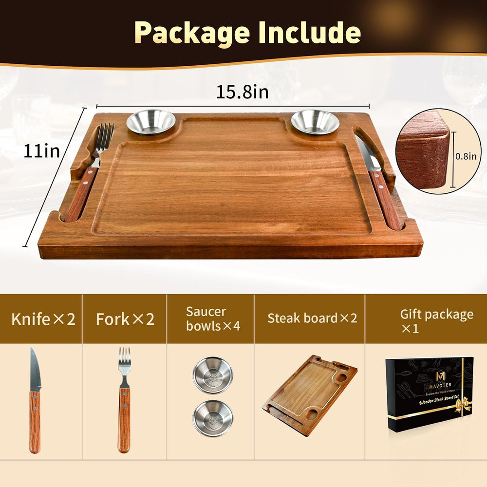 Acacia Wooden Steak Plate Board Set with Knife Fork & Sauce Cups 2 Set Pack