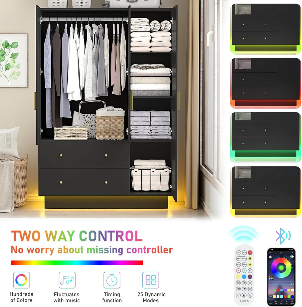jiteentarou 3 Door Wardrobe Closet with Mirror and LED Lights, Bedroom Armoir...