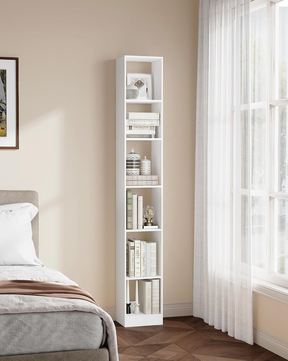 Hzuaneri Bookcase, Tall Narrow Bookshelf, Open Display Storage Shelf