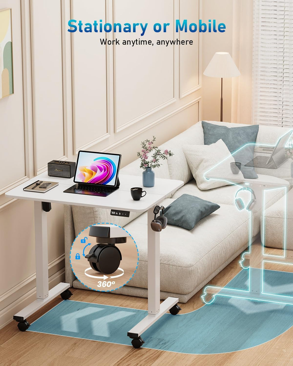 32" Small Rolling Electric Standing Desk Adjustable Height for Home Office