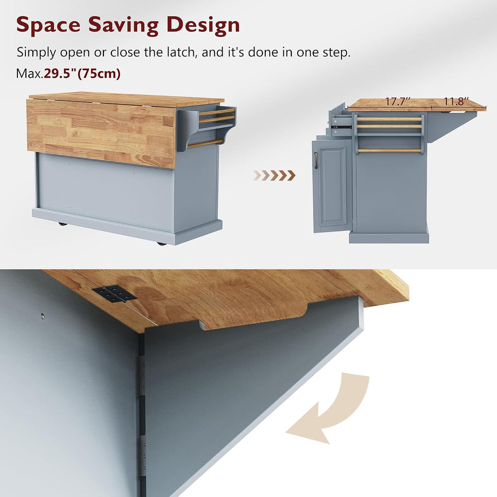 Rolling Kitchen Island Cart with Storage Cabinet & Drop Leaf, Grey Blue