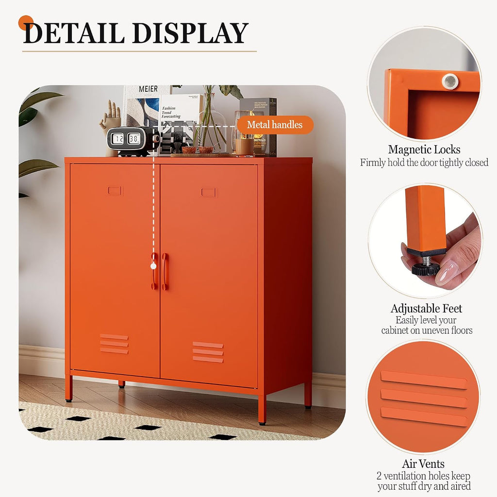 Metal Storage Cabinet with Adjustable Shelves & Magnetic Doorstops, 2-Door Metal Side Cabinet, Storage Cabinets for Living Room Kitchen Office,Orange