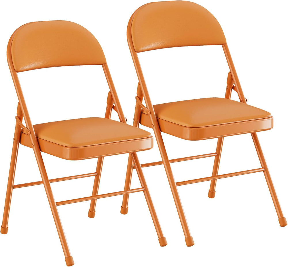 VECELO Folding Chairs Set of 2, Faux Leather Padded, Orange