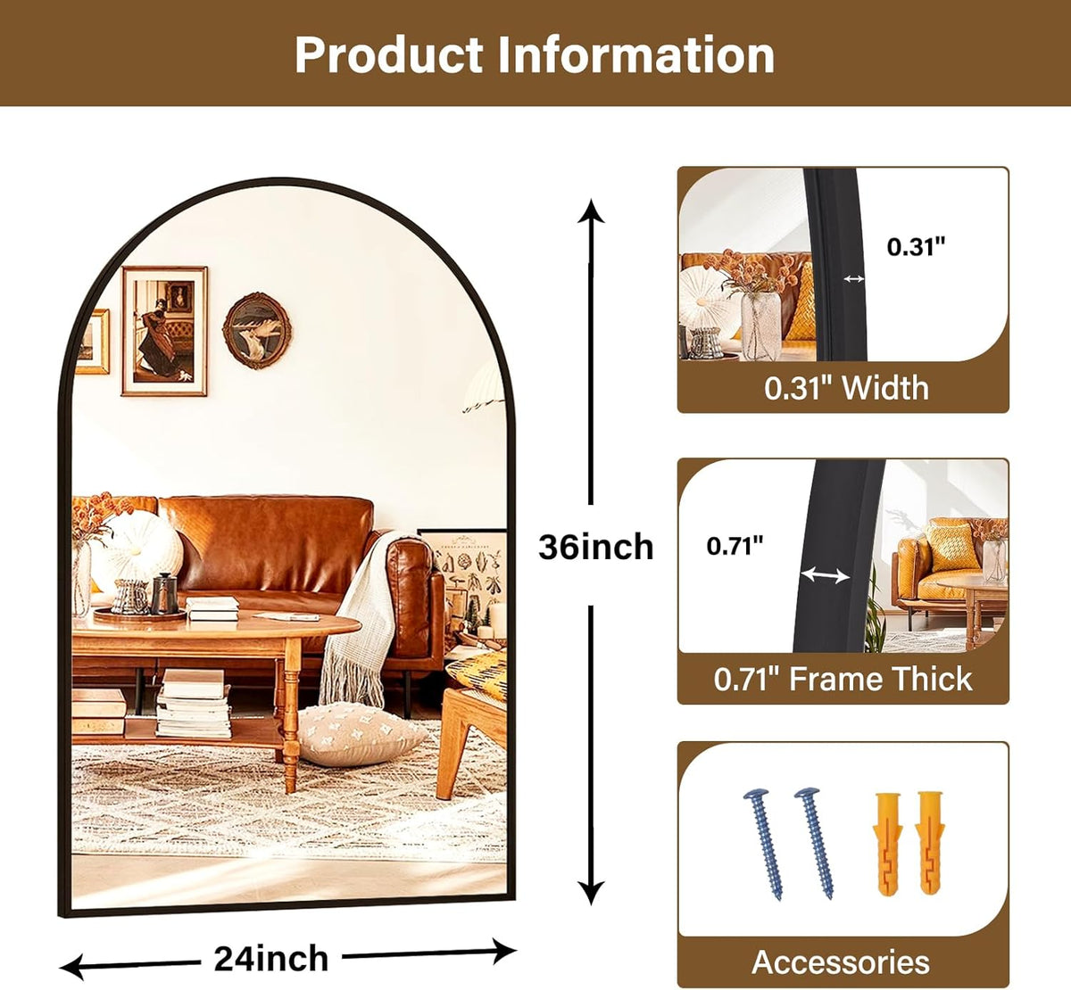 XRAMFY 24"x36" Black Arched Bathroom Mirror - Wall Mirror for Bedroom