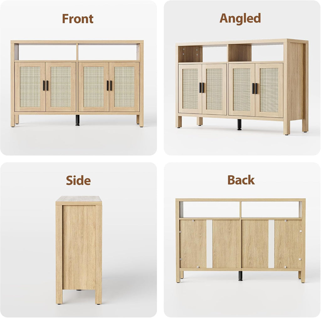 Mericonia Rattan Buffet Cabinet with Storage, Sideboard with Doors, Console Table, Farmhouse Coffee Bar, Modern Wood Storage Cabinets(Oak 2.0)