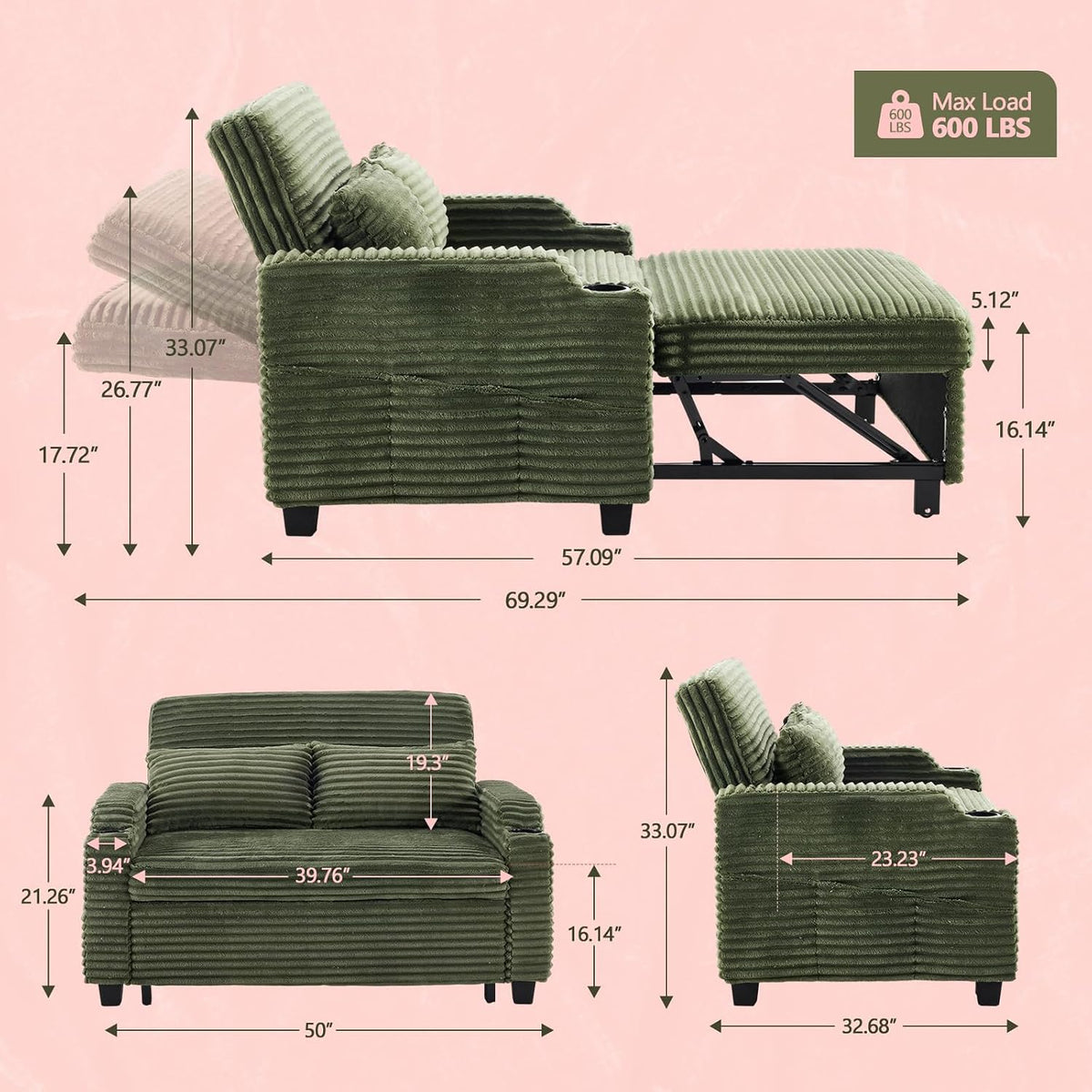 VINGLI Green Futon Sofa Bed Convertible Loveseat Sleeper Sofa Couch, Corduroy Pullout Sofa Fold Out Couch Bed with USB Ports, Cup Holders, Armrest for Living Room, Bedroom Apartment Room