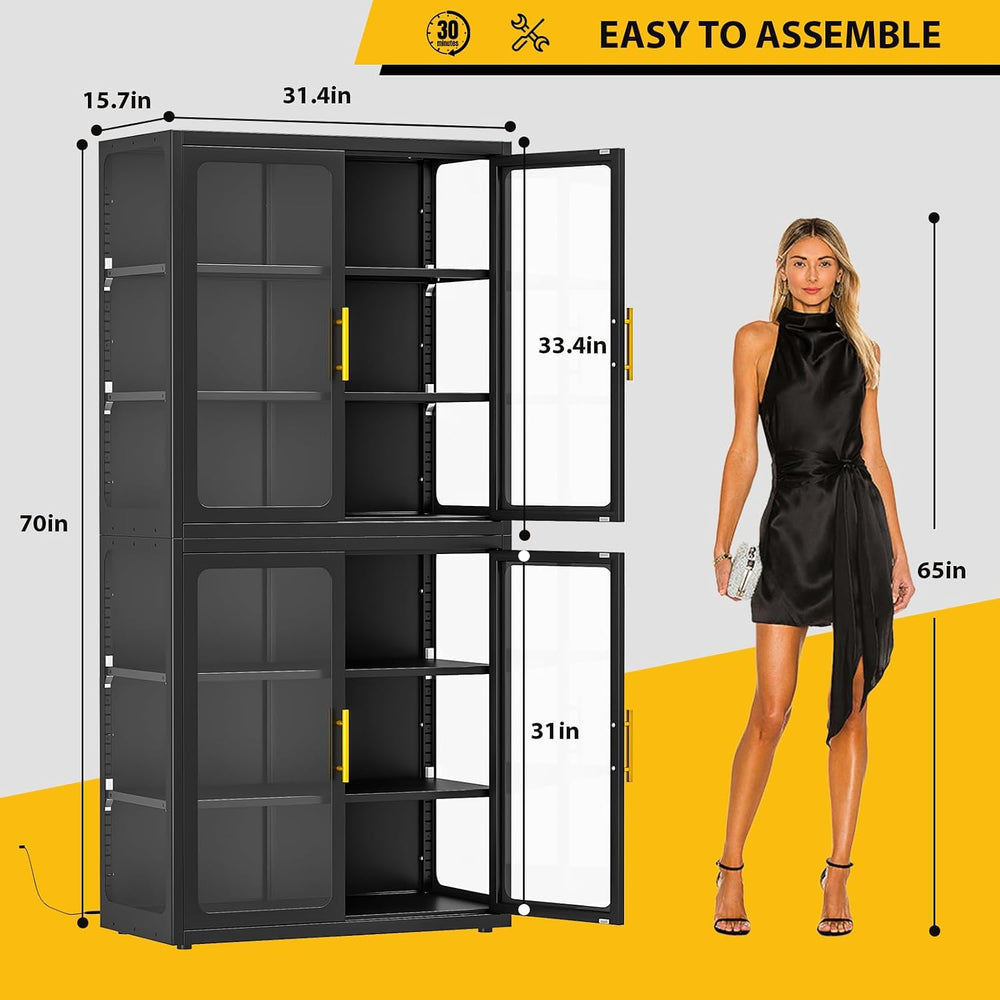 Display Cabinet with Glass Doors and Adjustable Shelves,67" Tall Bookcas...