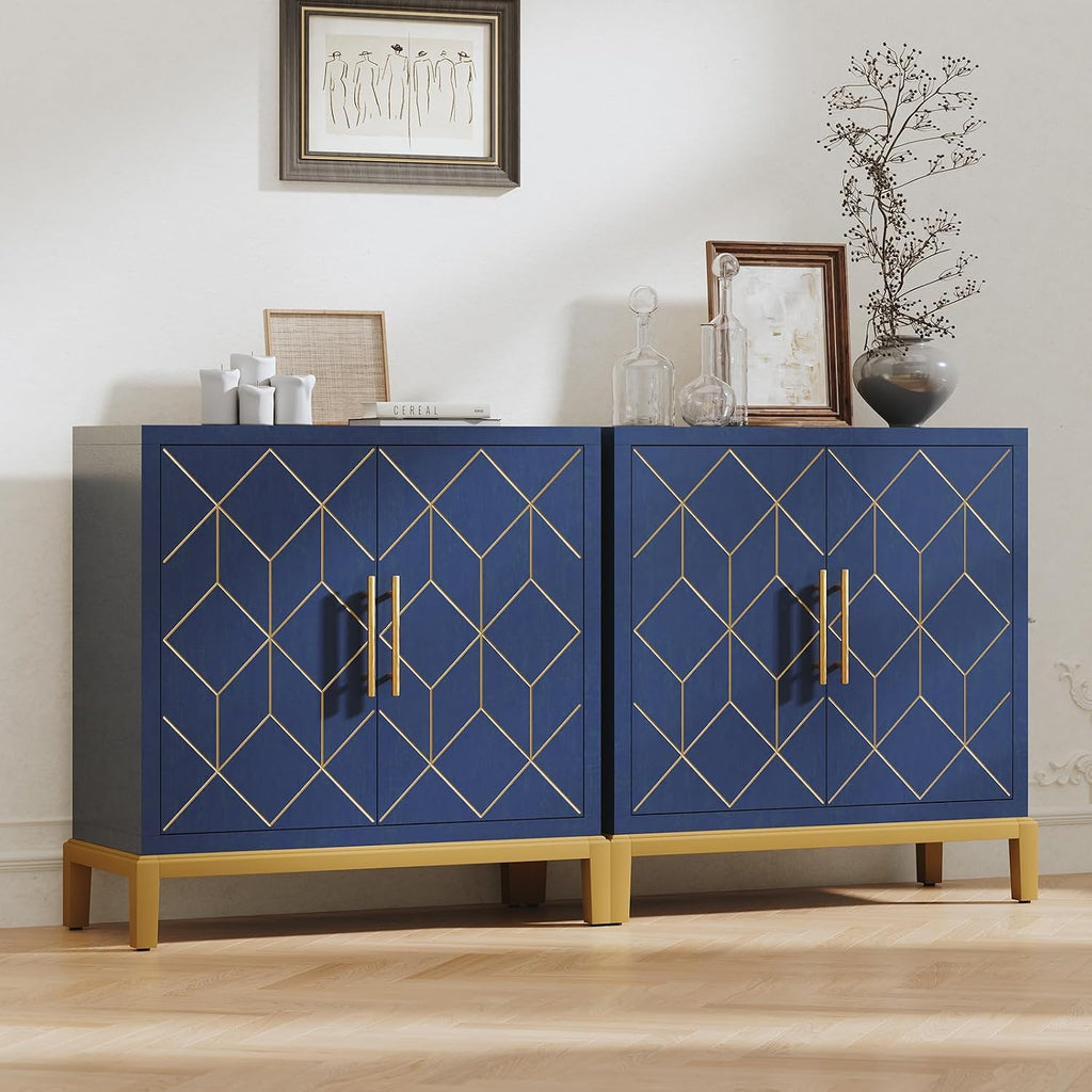 HLR Accent Cabinet with Gold Trim,Storage Cabinet with 2 Doors,Modern Wooden Sideboard for Living Room, Kitchen, Office and Hallway,Blue