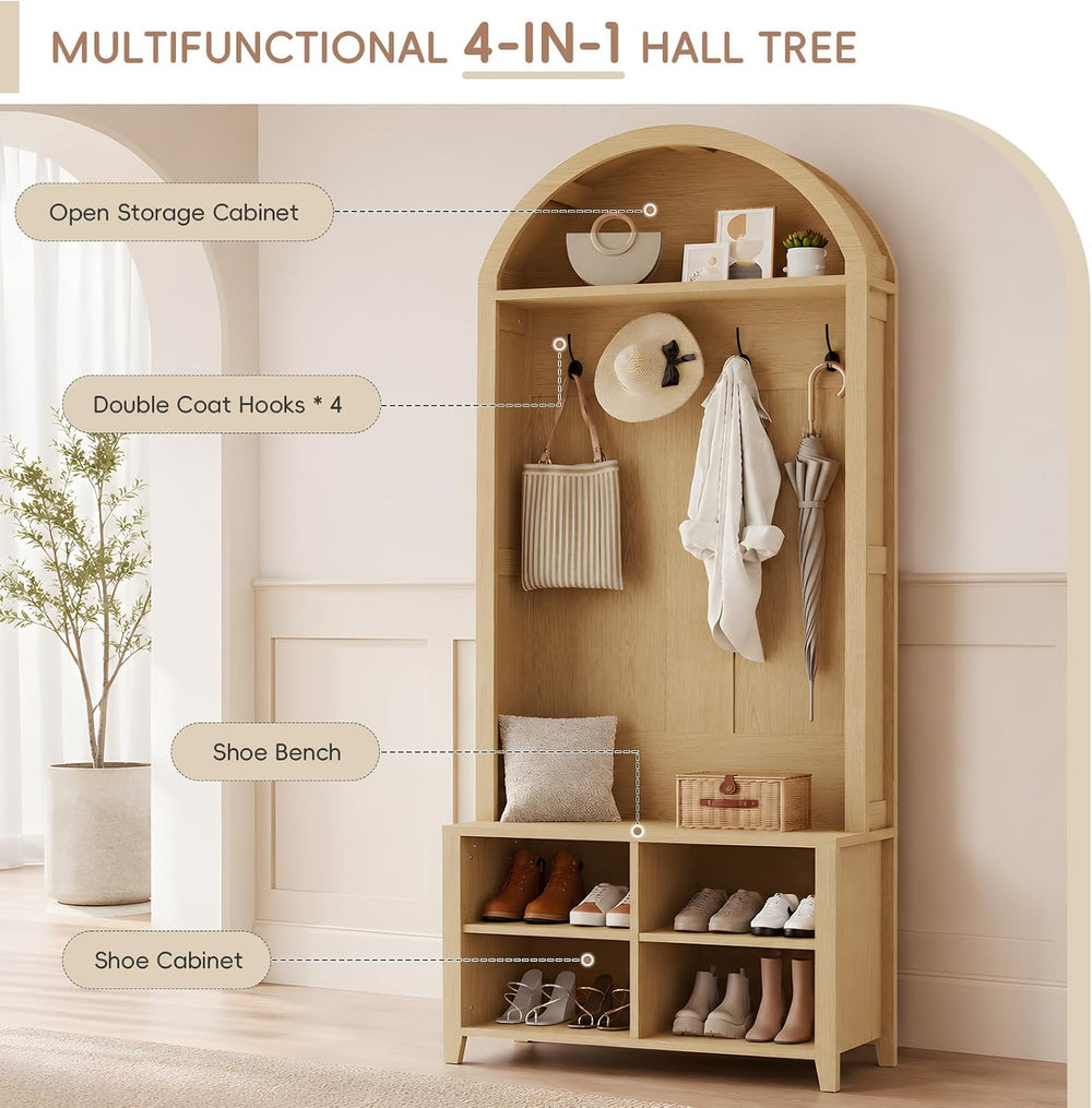 Arched Hall Tree with Bench and Shoe Storage (Oak, 32" W)