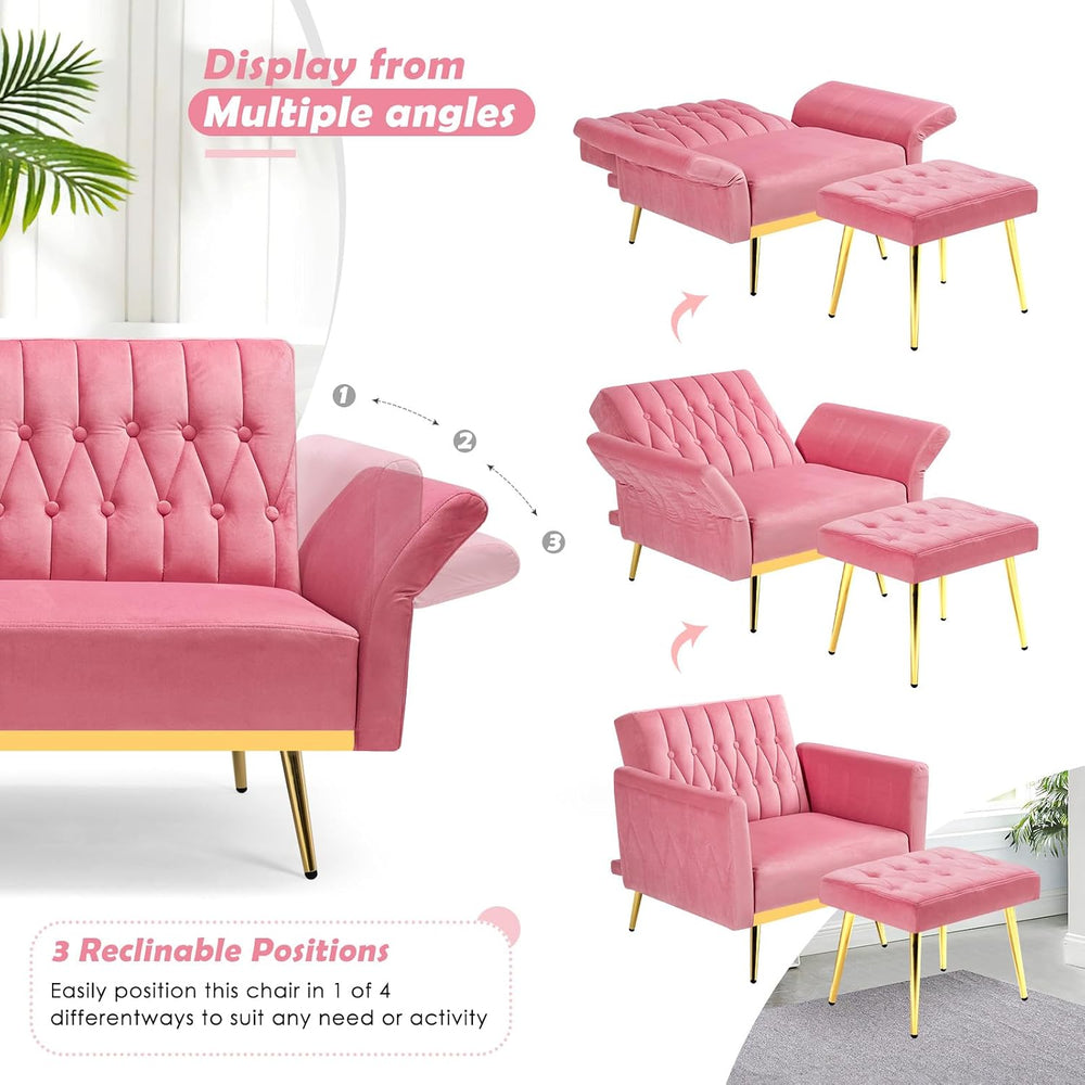 Velvet Accent Chair w/Adjustable Backrest & Armrests, Pink