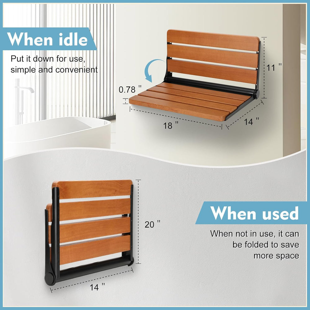 18 inch Teak Folding Shower Seat Wall Mounted Stainless Steel
