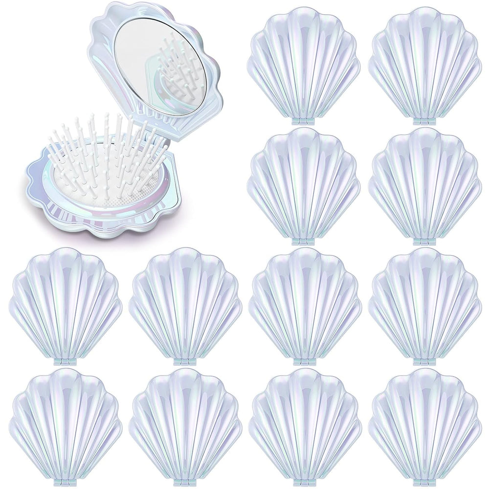 12 Pcs Mermaid Party Favors Shell Hair Brush Mirror, White