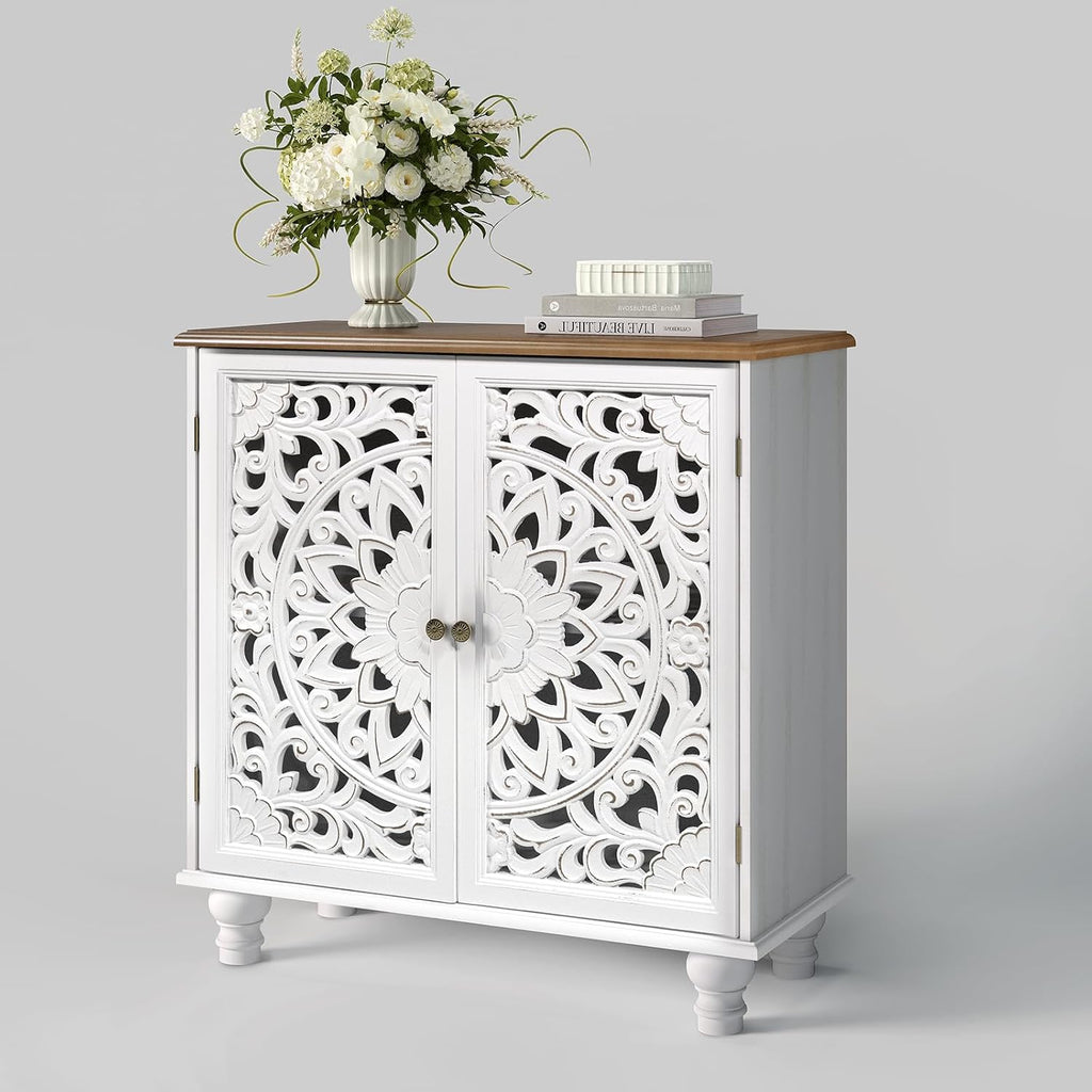 JOINICE 31" Accent Storage Cabinet with Doors for Living Room,White& Walnut