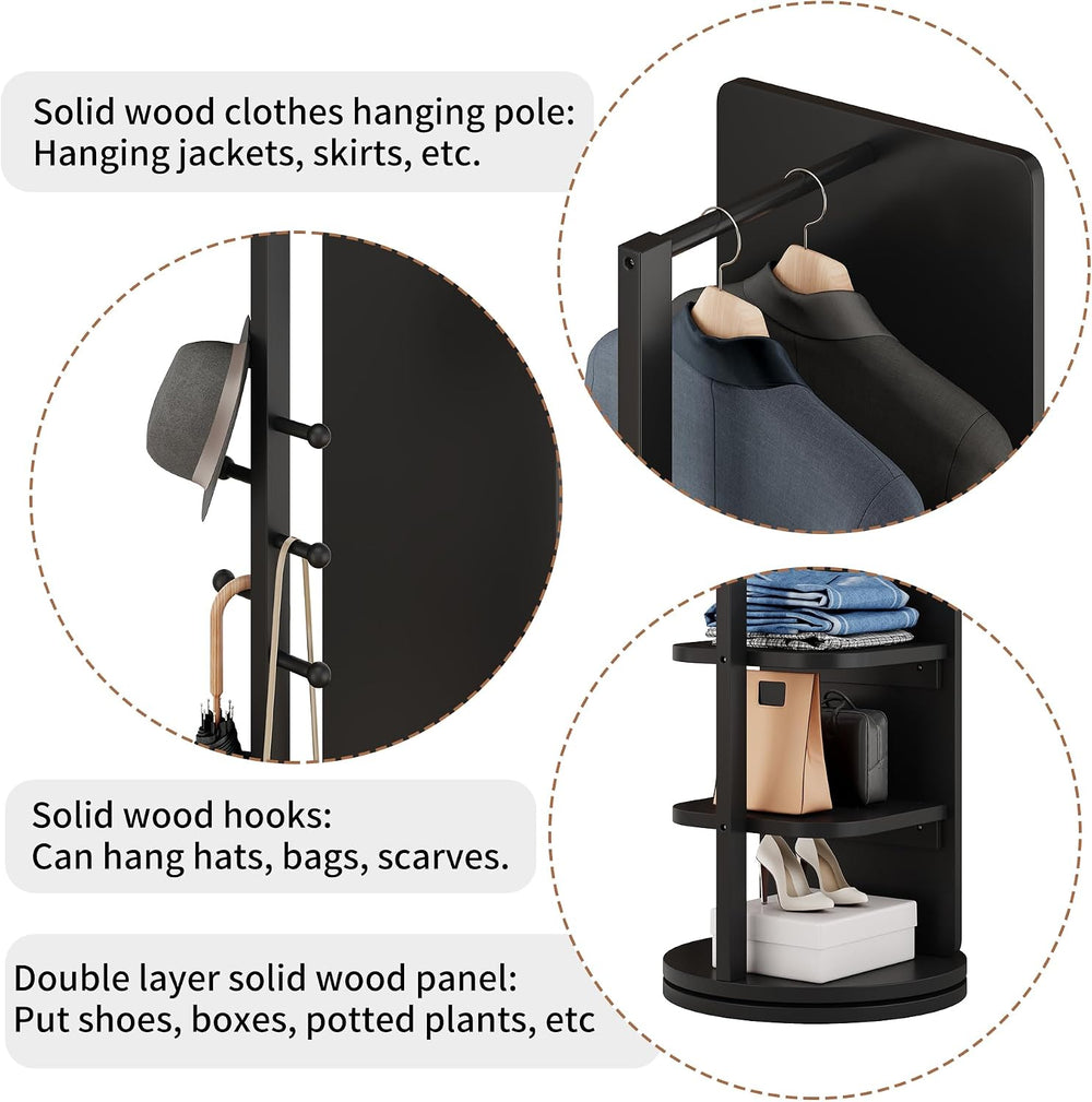 66" 360° Rotating Full Length Mirror with Hooks & Storage Coat Rack