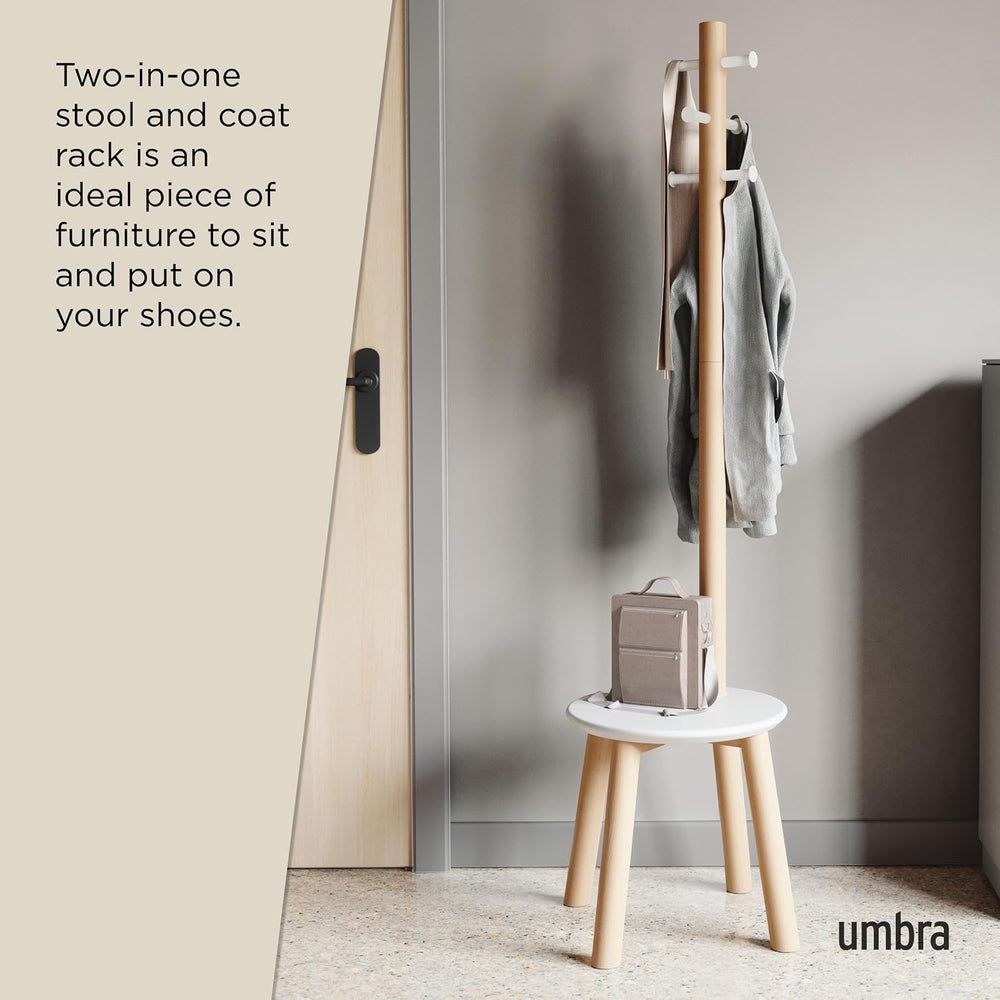 Umbra Pillar Coat Rack with Stool, Freestanding 6 Hooks, White/Natural