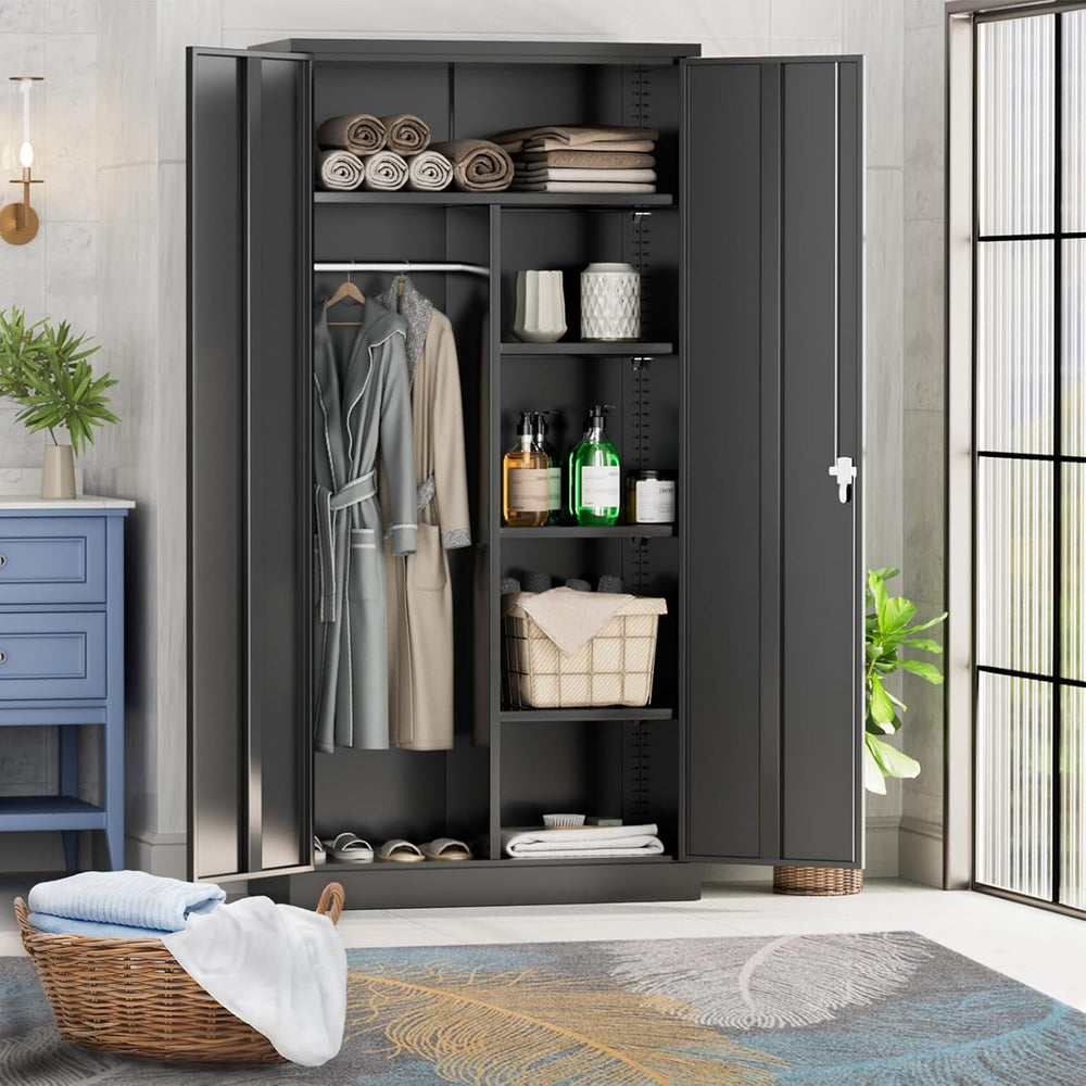 Greenvelly Metal Storage Wardrobe with 2 Doors, Black 72” Steel Storage Wardr...