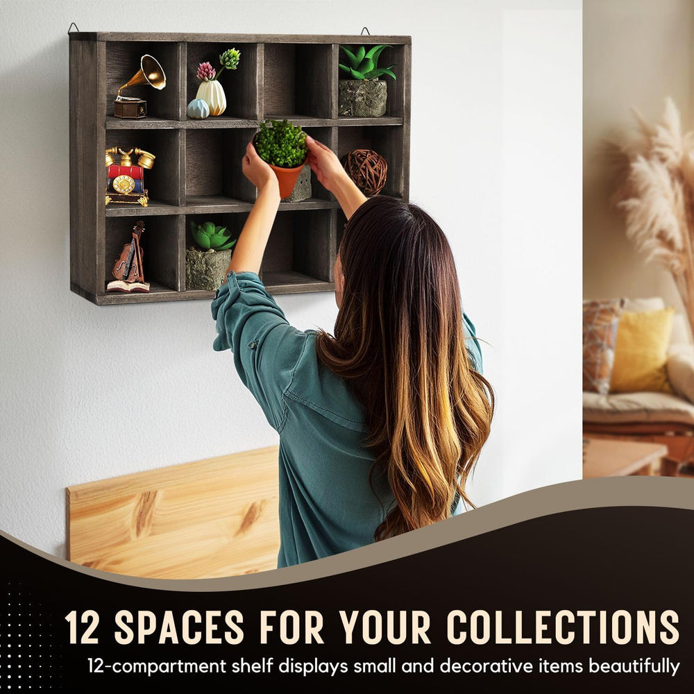 Flexzion Knick Knack Shelf and Trinket Shelf, 12-Compartment Brown Cubby
