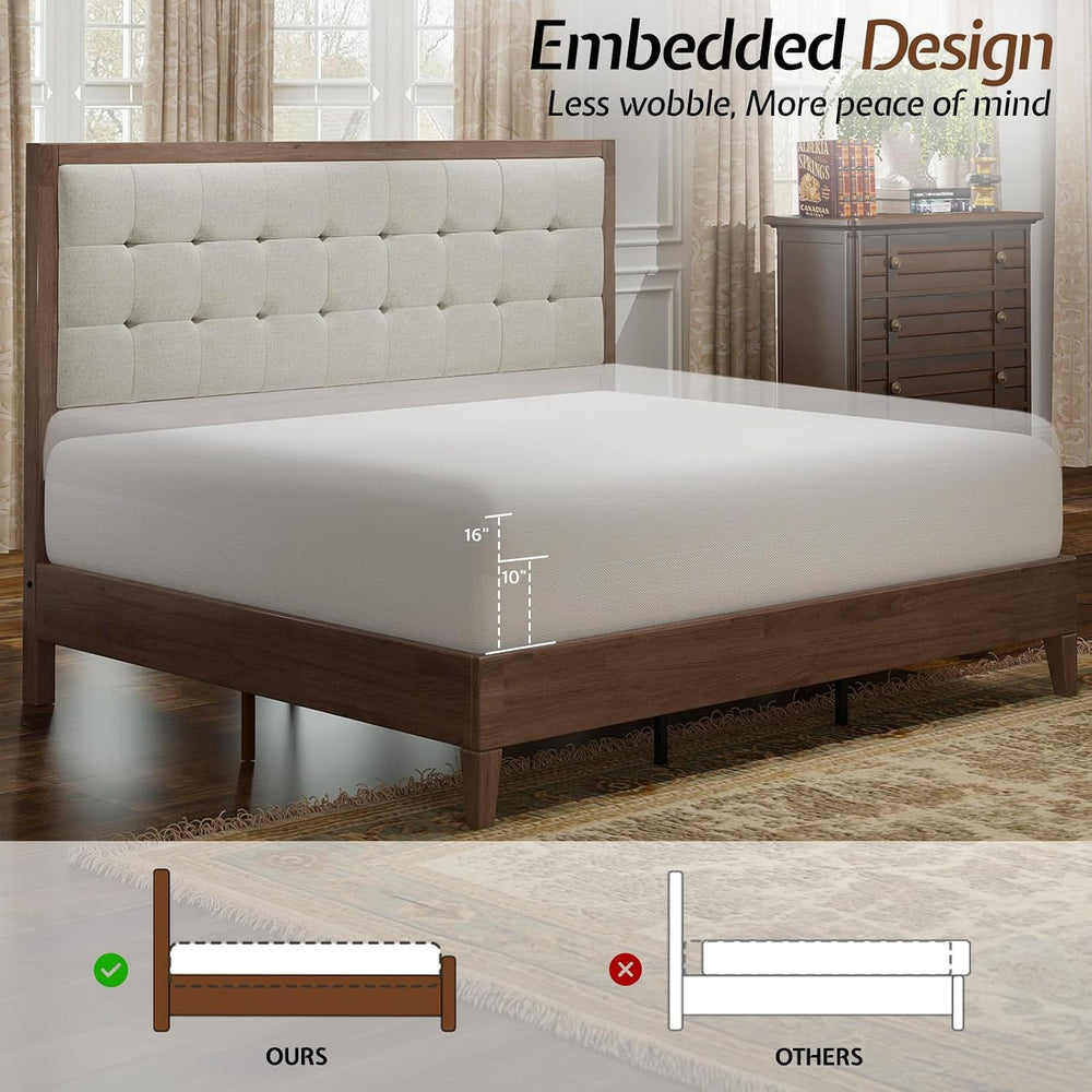 Jocisland Solid Wood King Bed Frame, 50" Tall Upholstered Headboard,Walnut