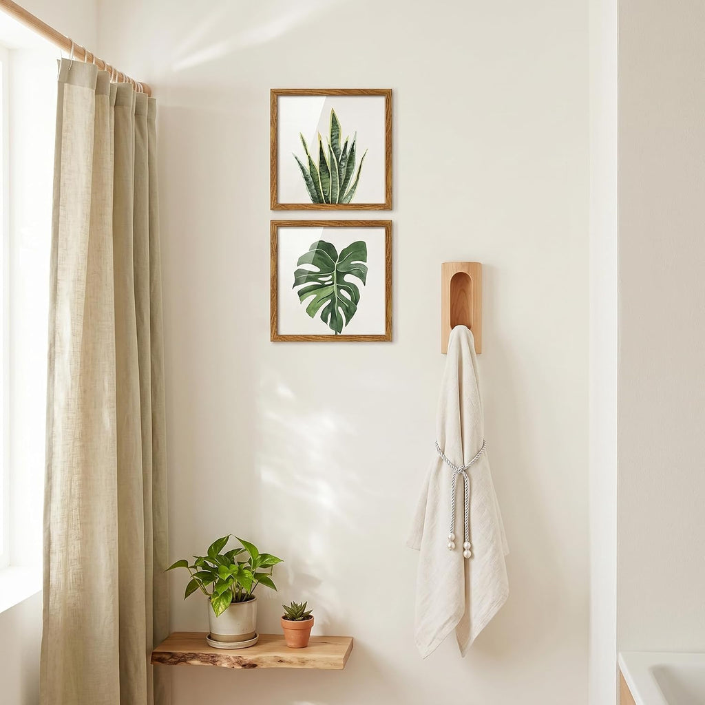 ArtbyHannah Framed Bathroom Wall Art Decor, 10x10 Botanical Artwork Walnut
