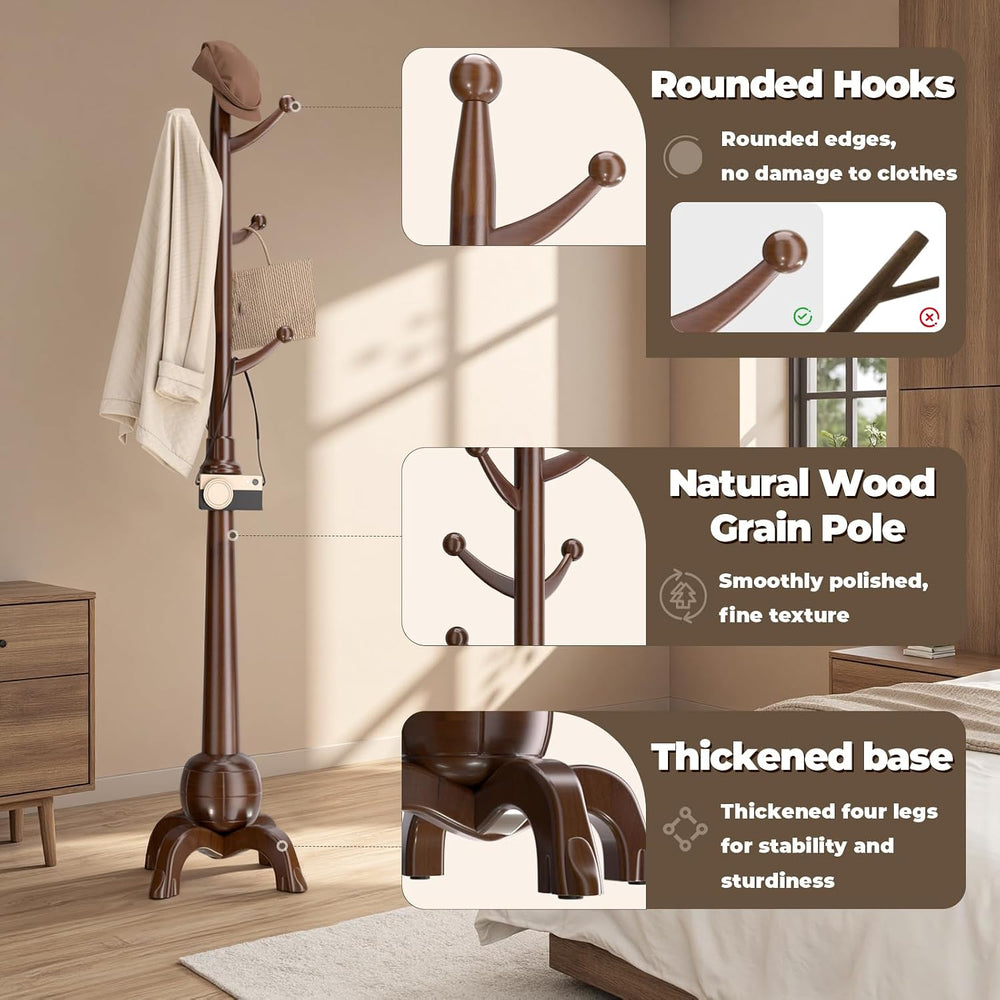 Coat Rack Freestanding with 8 Hooks, Wooden Coat Tree, Black Red