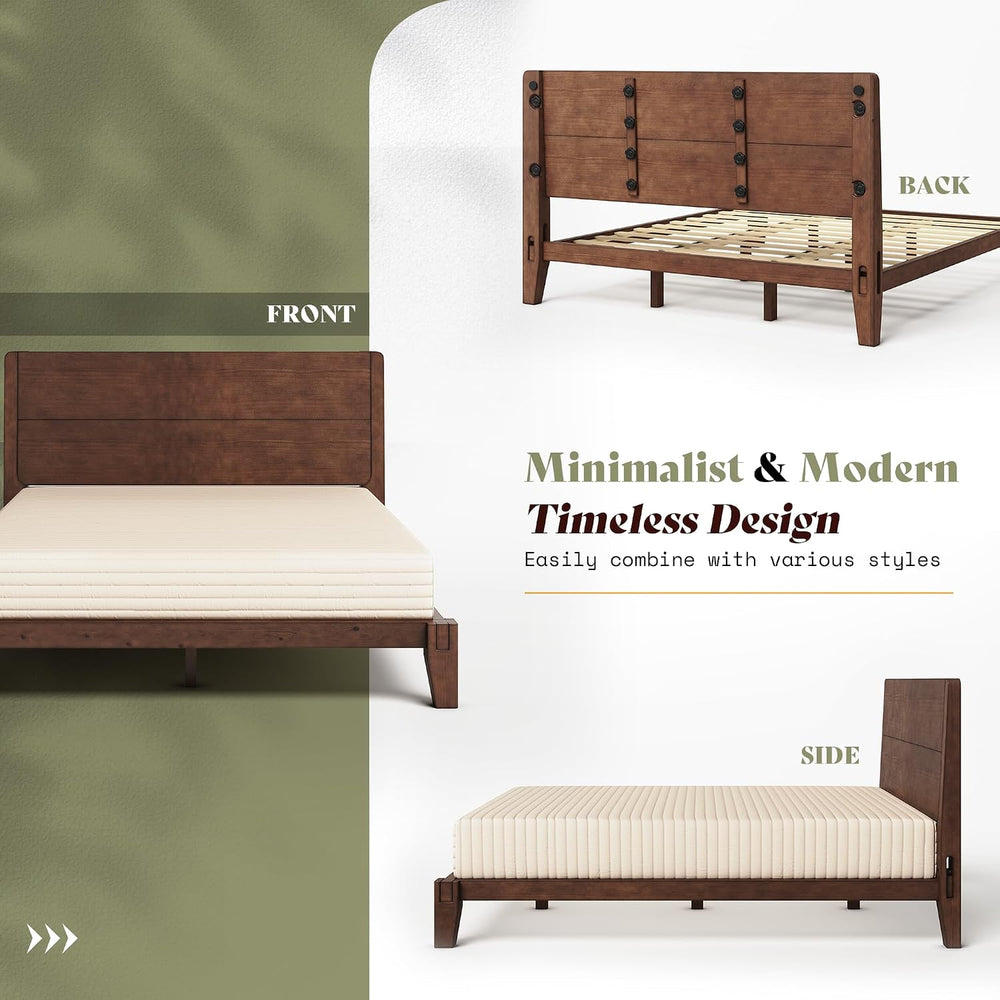AMERLIFE Solid Wood Queen Bed Frame with Headboard, Japanese Joinery,Walnut